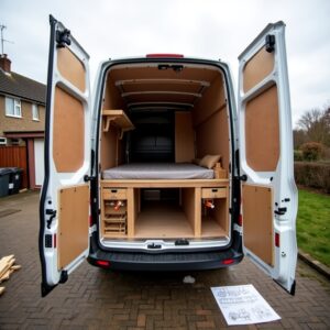 Budget-friendly UK campervan conversion in progress showing DIY wooden bed frame, tools, and insulation inside a white van.