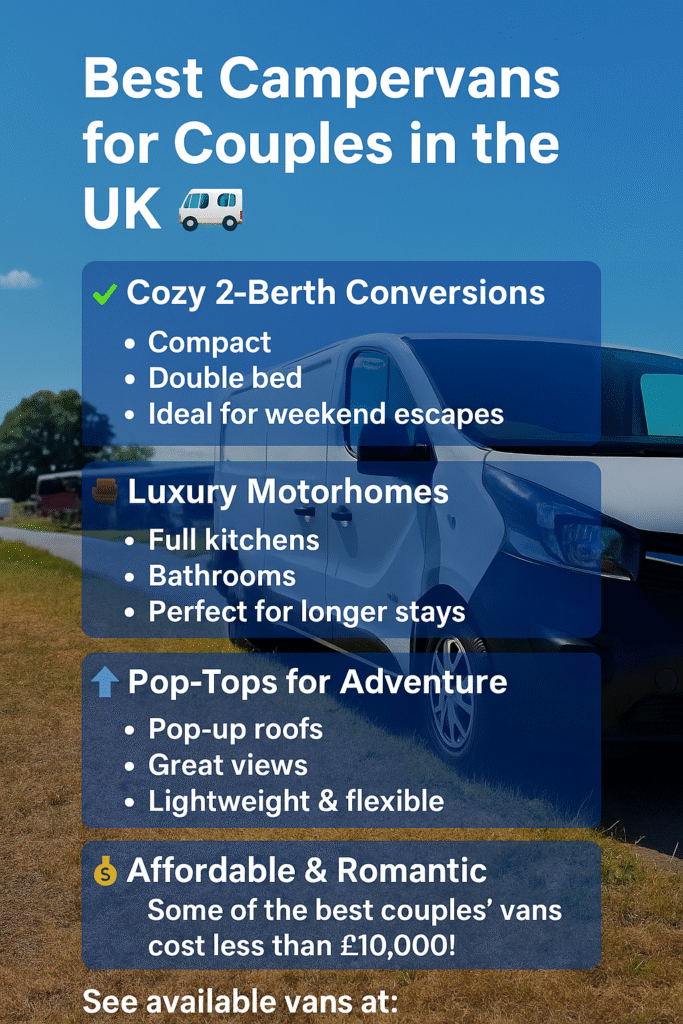 A promotional graphic displaying four popular campervan styles for couples in the UK, including a classic VW camper, a compact modern van, a sleek luxury camper, and a rustic off-grid model, set against a soft natural backdrop.
