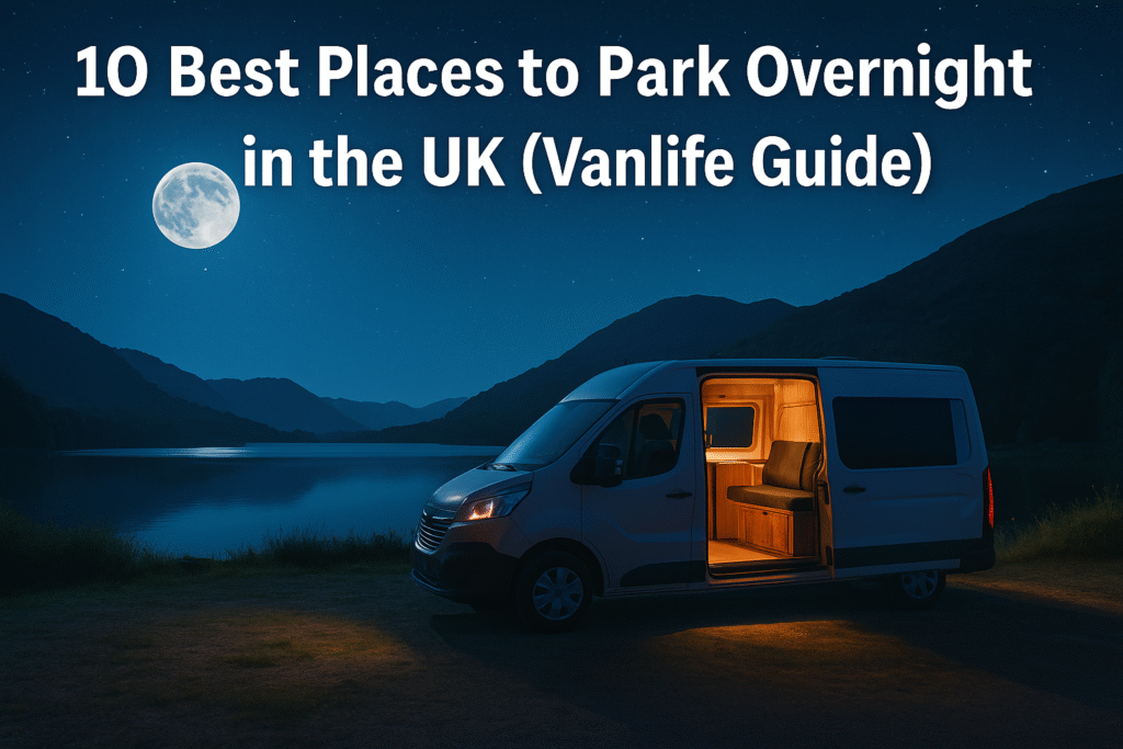 A scenic landscape showing a campervan parked beside a peaceful lake in the UK countryside at sunset, ideal for an overnight vanlife stop.